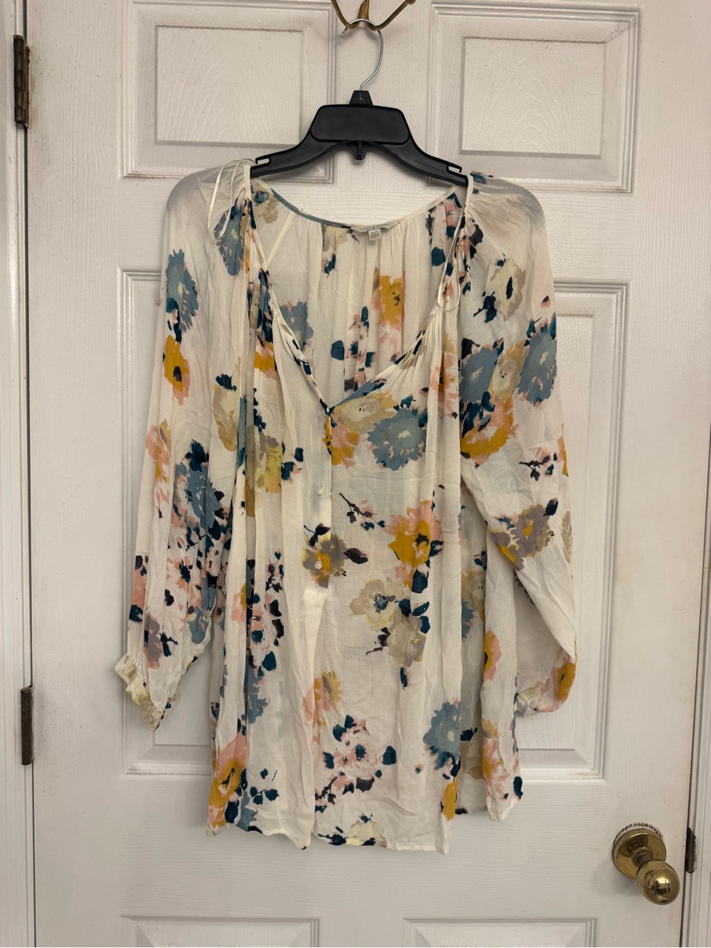 Lucky Brand Cream Floral Tie-Neck Peasant Blouse